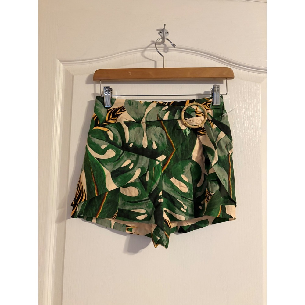 Farm Rio Shorts Women XXS Green New Tropical Monstera Leaf Linen Blend